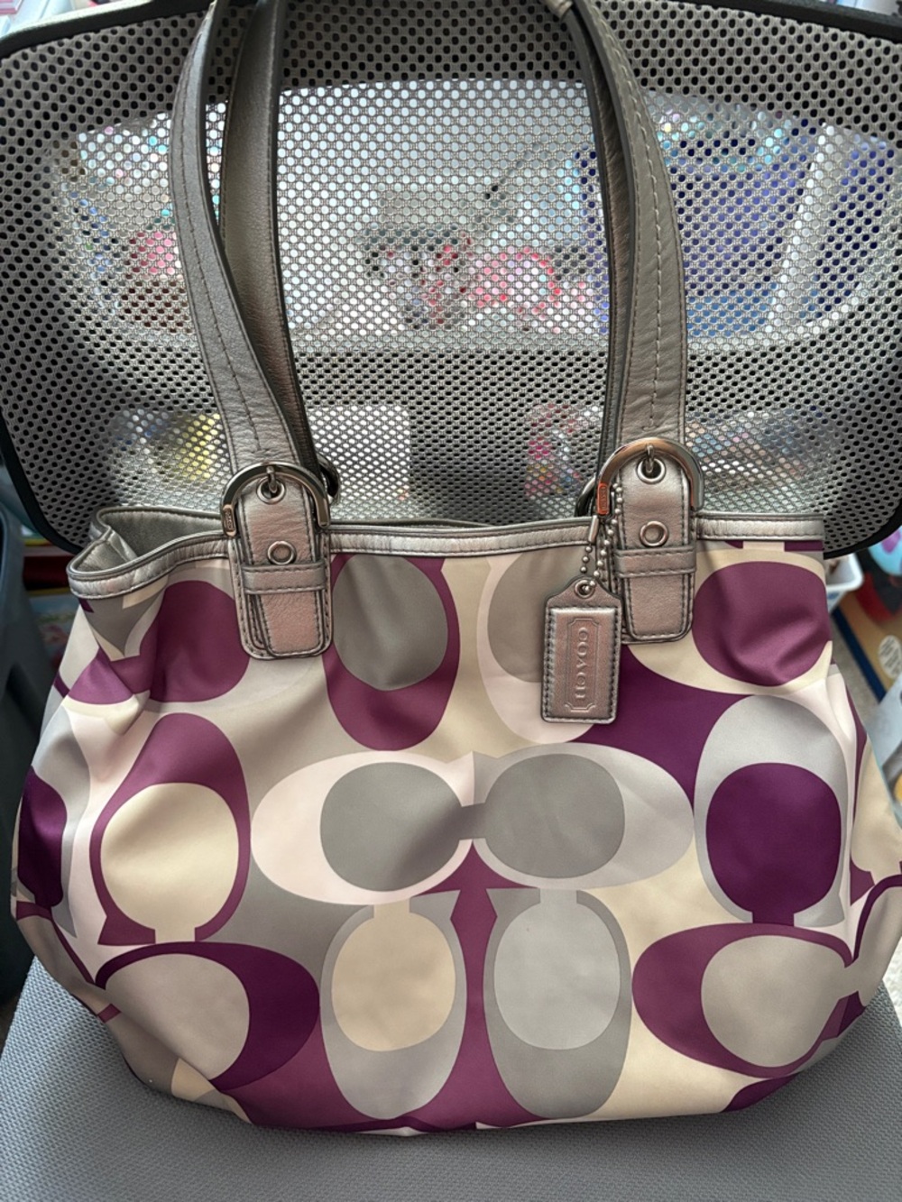 Coach Vintage F17407 Purple and Gray Y2K Signature Tote with Silver Trim